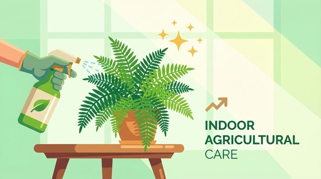 Hand sprays a potted fern with water from a bottle. Bright sunlight through a window creates a fresh, healthy atmosphere. Ideal for gardening blogs, home care tips, and botanical articles.