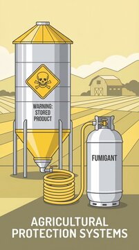 Grain silo with skull warning and fumigant gas cylinder on farm background. Industrial agriculture safety and pest control concept. Used for educational materials on hazardous chemicals.