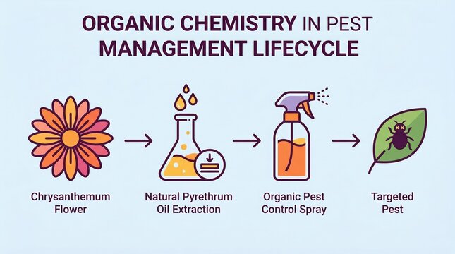 Infographic showing natural pyrethrum extraction from chrysanthemum flowers for organic spray. Illustrates sustainable agricultural processes. Ideal for educational or farming presentations.