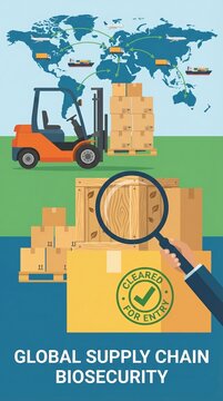 Global logistics operations featuring cargo inspection and biosecurity clearance. The scene includes transport icons and a world map. Useful for international trade and shipping presentations.
