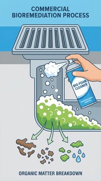 Hand spraying bio-foam cleaner into drain pipe showing organic matter breakdown. Illustrative diagram for cleaning services. Educational visual for sanitation and environmental maintenance.