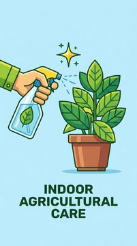 A hand holds a spray bottle watering a green plant in a pot. Illustrates home gardening and plant maintenance. Ideal for agricultural blogs or household tips.
