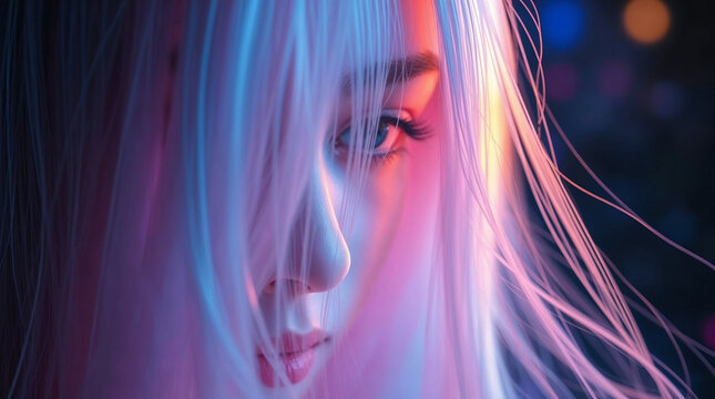 close up portrait of young woman with white hair in neon lighting