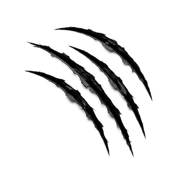 Black claw marks isolated on a white background showing sharp scratch damage from a wild animal