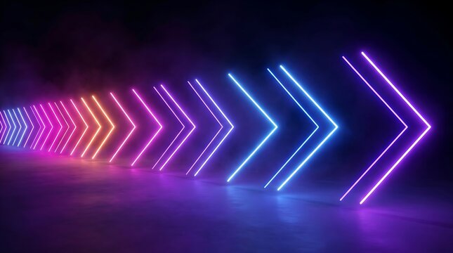 Glowing neon arrow shapes in a sequence, transitioning from blue and purple to orange, arranged in a perspective line on a dark reflective floor