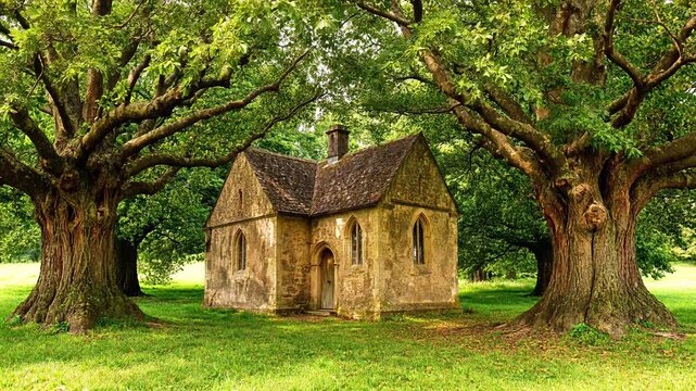 Stone cottage in a serene garden surrounded by ancient oak trees house nature building architecture rural