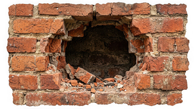 A large hole in an old red brick wall isolated on transparent background