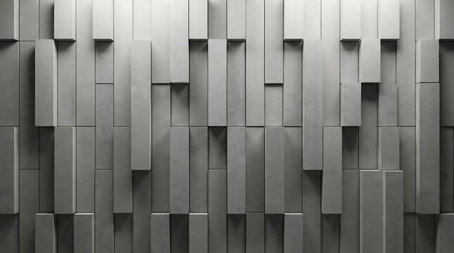 Gray concrete wall with vertical rectangular blocks of varying depths and shadows, architectural 3 d texture background