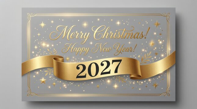 Merry christmas and happy new year 2027 greeting card with gold ribbon, sparkles, and golden calligraphy on grey background