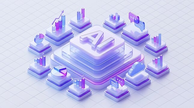 Isometric 3 d ai text block surrounded by data visualization including charts, graphs, cloud symbols, and speech bubbles in purple tones