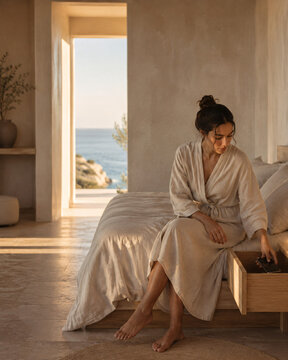 Woman Recovering from Burnout in a Calm Seaside Hotel Bedroom

