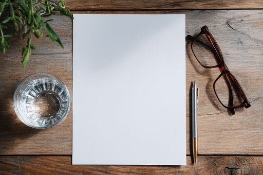 Blank sheet of paper, glass of water and pen. Flatlay, mockup. Place for text  