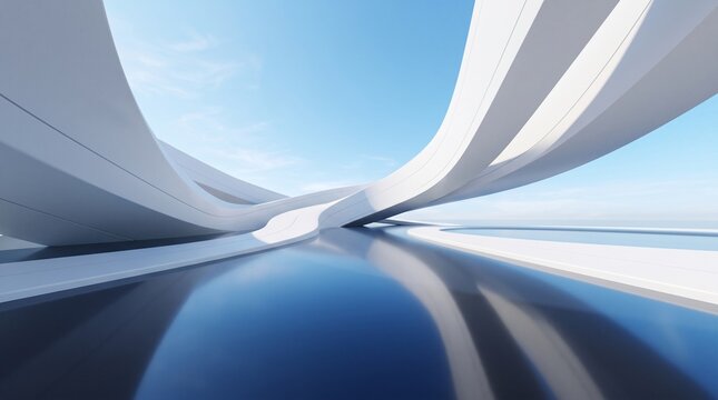 Abstract 3D render of white curved architectural wall on reflective floor with blue sky background. Minimalist futuristic outdoor space