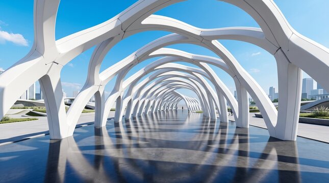 Futuristic white parametric pavilion corridor 3D render with curved arches, blue sky, and copy space