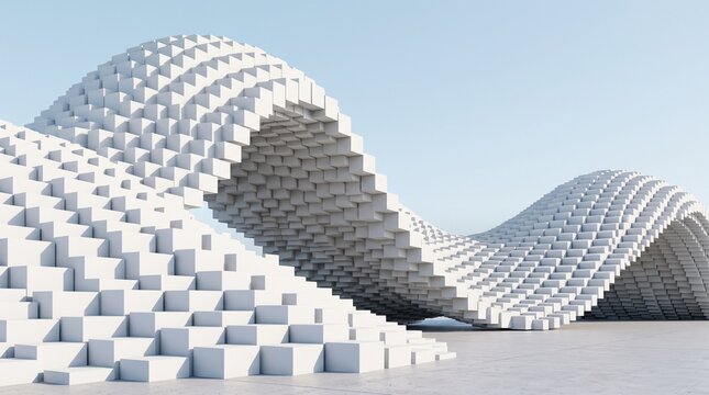 Abstract 3D architectural render of repeating white geometric blocks forming a massive stepped structure wave pattern against a clear light blue background 