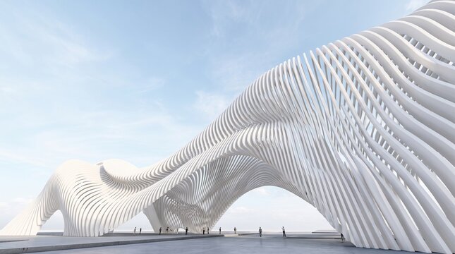 Abstract 3D render of white curved parametric lines forming a wavy architectural structure against a blue sky. Minimalist modern design