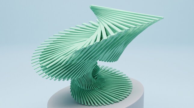 Abstract 3D render of mint green geometric bars twisting into a spiral vortex pattern against a pale blue background. Minimalist futuristic graphic design element