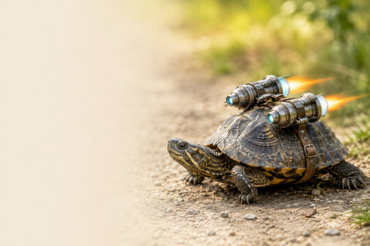 Turtle carries two firing rocket engines. Space for text.