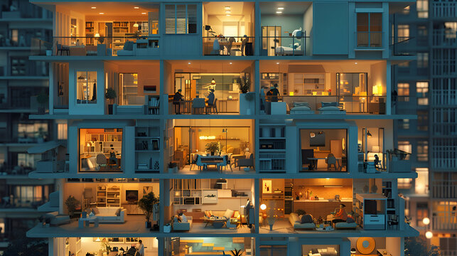Multi-layered modern apartment building with illuminated rooms at night