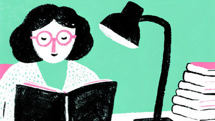 Woman Reading Book Under Desk Lamp.
