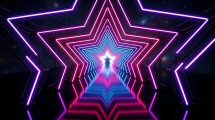 Obraz premium Neon star tunnel with glowing pink and blue light frames, infinite corridor perspective with reflective dark floor and starry background