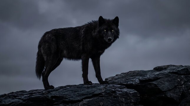 Black wolf standing on dark rocks under moody sky