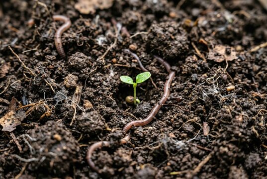 Earthworms crawling in dark compost soil around a tiny green seedling sprouting