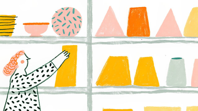 Memphis style collector woman arranging colorful geometric objects on shelf.