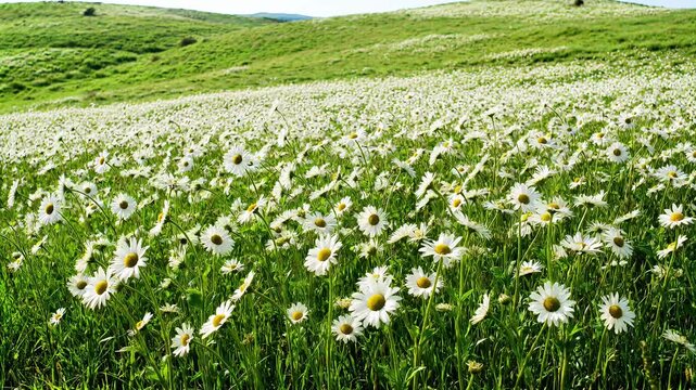 Meadow field of white daisy flowers under sunlight nature wildflowers spring summer grass nature wildflowers spring