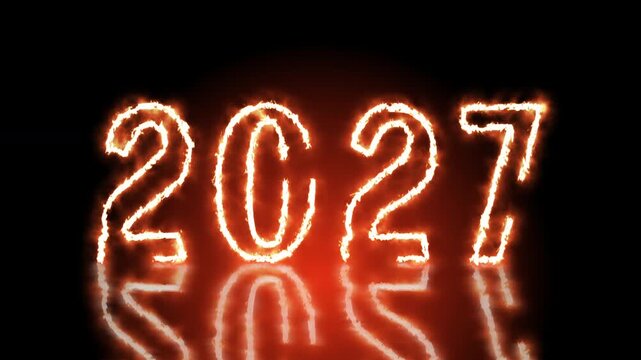 Symbol of new year, numbers burning red fire Animated 2027 numbers Glowing light Dark night background Reflective surface effect Burning text reveal animation Celebrations countdowns digital visuals