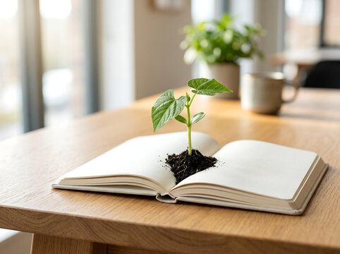 A small green plant growing out of an open book on a wooden table, symbolizing growth through knowledge and education