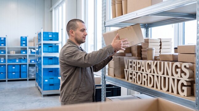 Verpackungsverordnung im Lager Mitarbeiter r&auml;umt Karton ein