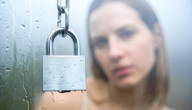 Metal padlock on wet glass with blurred woman behind.