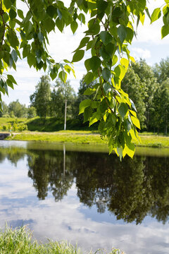 Vibrant green leaves in the foreground over looking a calm river reflecting trees and sky on a sunny summer day. Fresh nature landscape concept.
