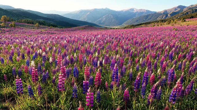 Expansive field of lupine flowers in mountain landscape mountains purple pink nature scenic mountains purple pink