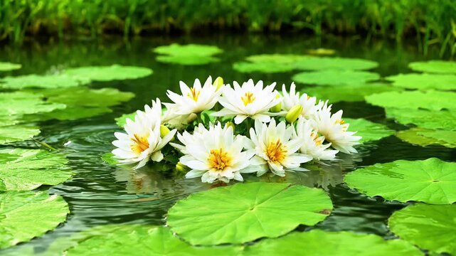 White water lilies floating on pond lily flower leaves pads nature lily flower leaves pads nature