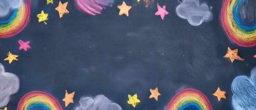 Colorful chalk drawings on a blackboard showing rainbows, stars, and clouds in a classroom setting