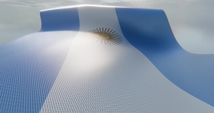 inematic 4K seamless loop of the Argentine flag waving in slow motion against a cloudy sky. Features detailed fabric texture, Sol de Mayo, and realistic wind motion for outdoor patriotic visuals. (197