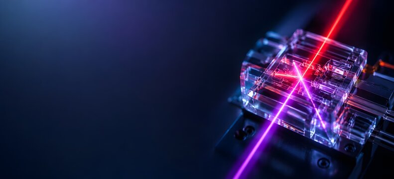 Laser Beams Passing Through Transparent Photonic Chip With Copy Space Technology Background