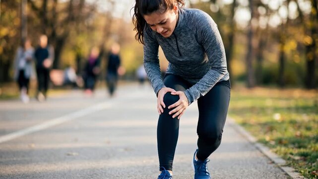 Athlete patella trauma: painful sensation, sport accident, physical ache, outdoor jogger, muscle damage, sudden cramp, sore leg, health issue, fitness setback, body limitation.