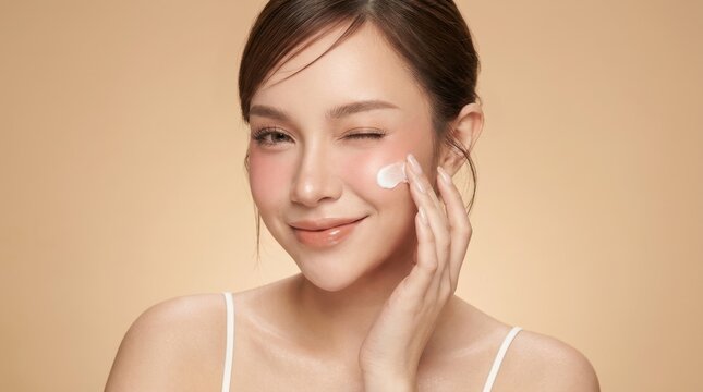 Extreme close-up luxury skincare beauty portrait of the lower half of a young Asian woman's face, featuring flawless porcelain skin with a luminous glass-skin finish.
