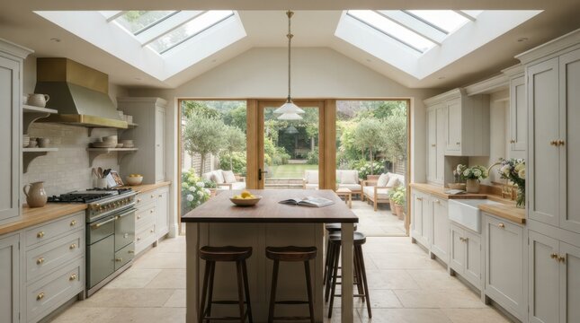 Elegant kitchen with island and garden view, bathed in natural light
