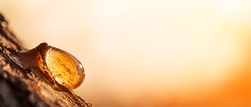 Macro close up of transparent gold natural tree resin drop leaking from bark at sunrise forest, organic cosmetics oil and amber extract herbal medicine concept with large copy space