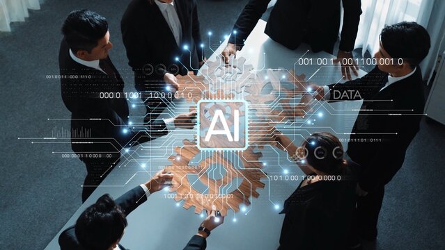 Professionals work together on an artificial intelligence strategy, showcasing a modern workspace with digital elements and data flow for innovative solutions. Raster