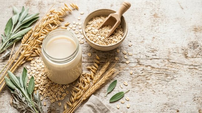 Homemade oat milk in a jar with rolled oats and wheat stalks on rustic wood