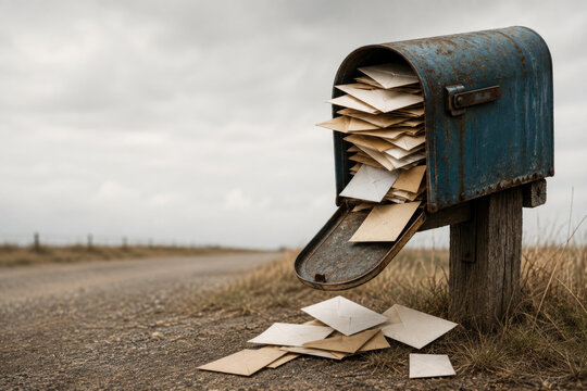 Rusty rural mailbox overflows with sealed envelopes. Space for text.