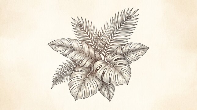 Vintage botanical line art drawing of tropical monstera and palm leaves