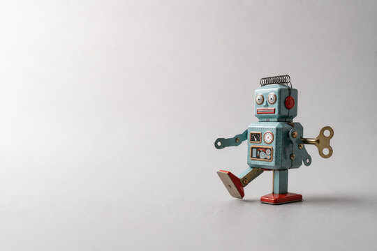 Vintage windup toy robot walks forward. Space for text.