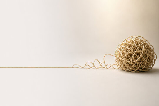 Tangled ball of string with a loose end. Space for text.