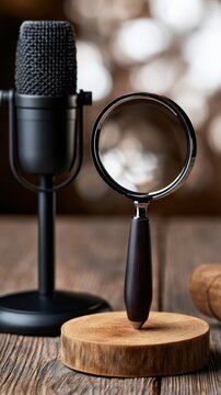 Stylish magnifying glass with wooden handle on a smooth round wooden stand with a black vintage microphone in a blurred background on rustic wooden surface